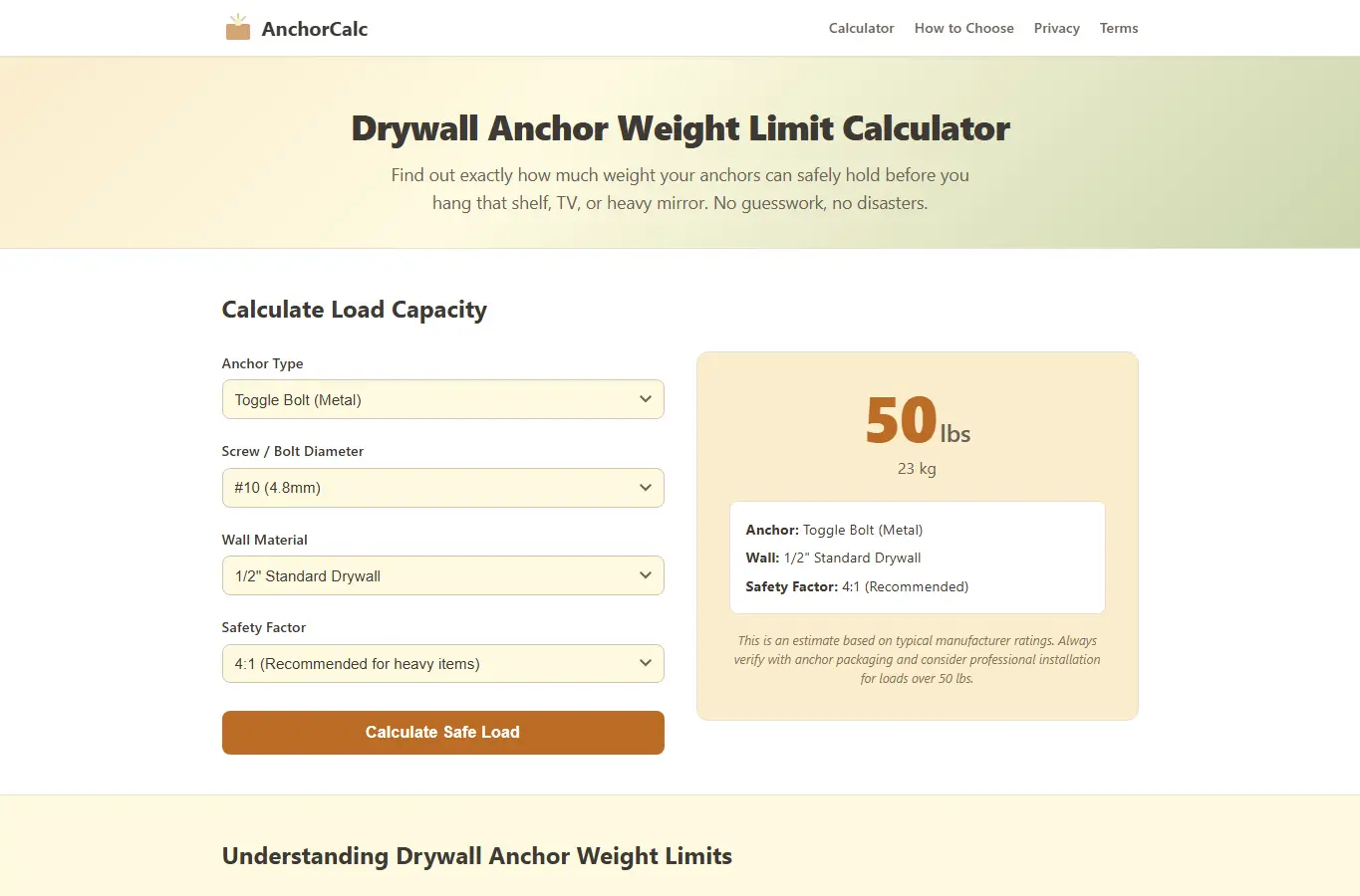 Screenshot of Drywall Anchor Weight Limit Calc interface showing the project page in use